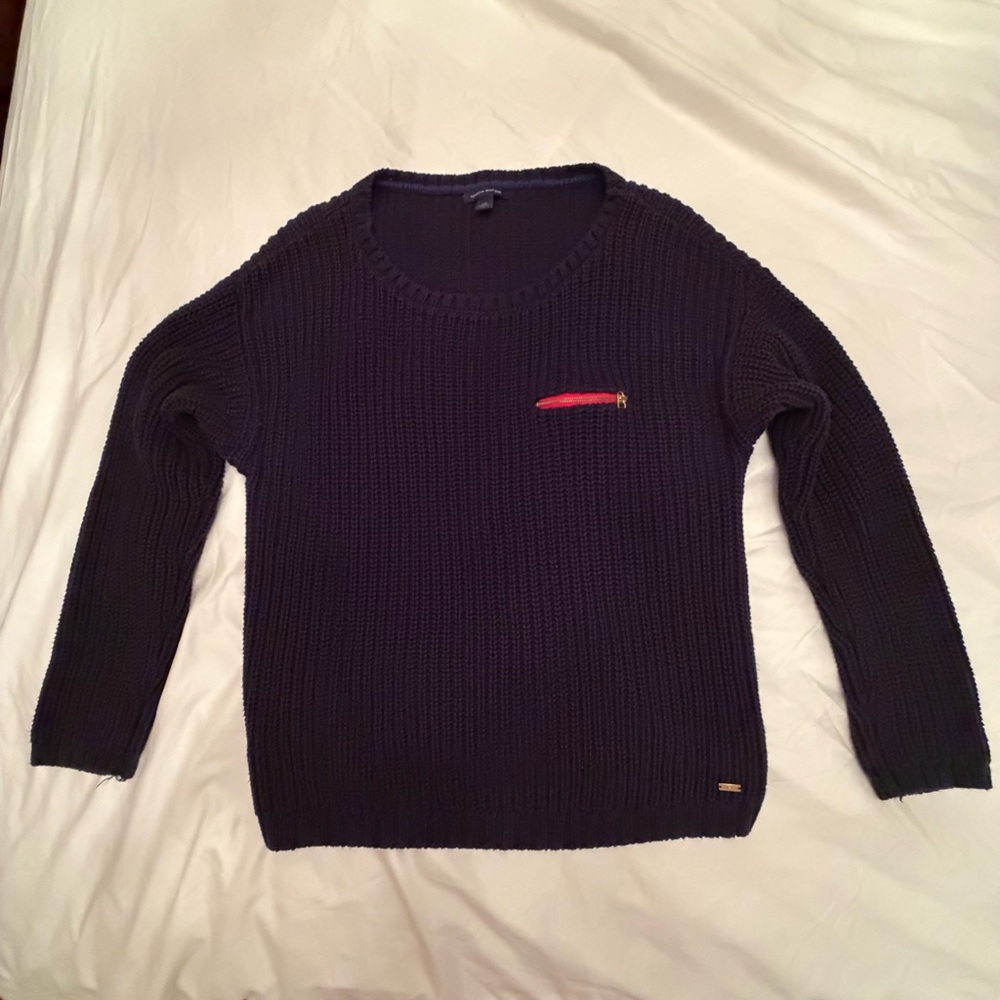 Tommy Hilfiger Navy‎ heavy Knit Sweater with Red Zip Accent vintage